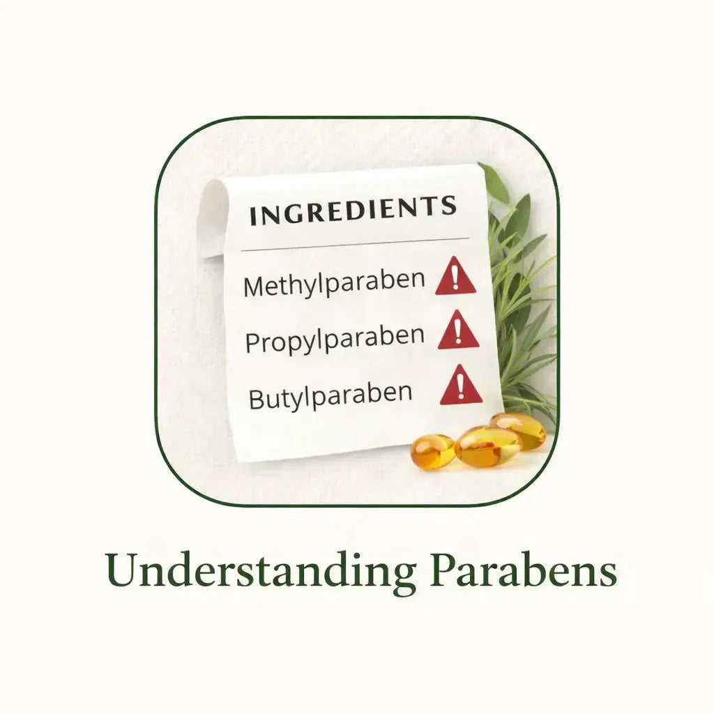 A image with poster of some parabens and a a warning sign. and some oil capsules.