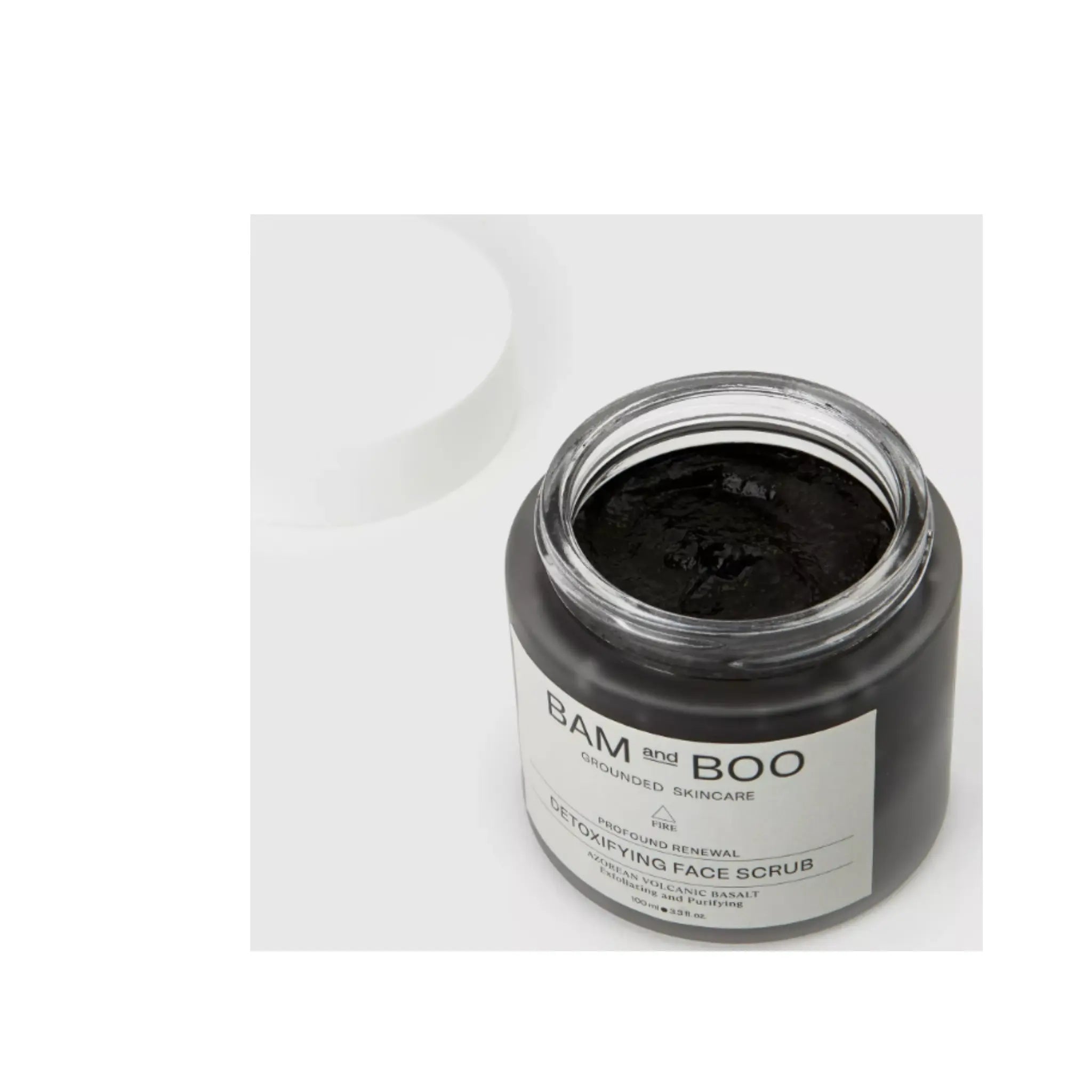 Jar of Bam and Boo detoxifying face scrub on a white background