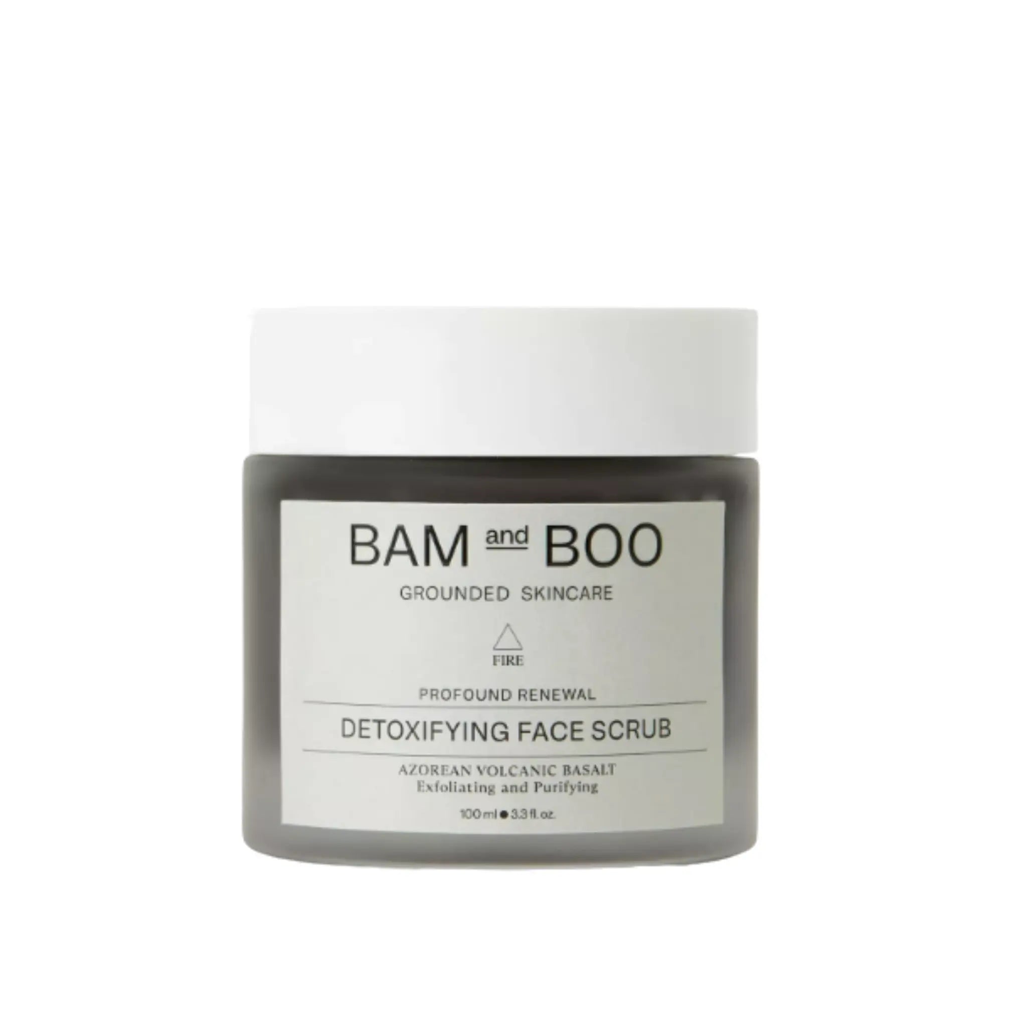 Jar of BAM and BOO detoxifying face scrub on a white background