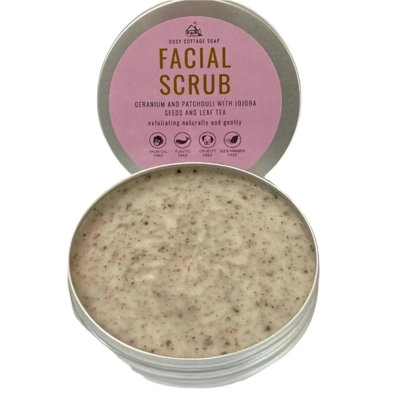 Cosy Cottage Soap Jojoba and Geranium Exfoliating Facial Scrub, open, texture