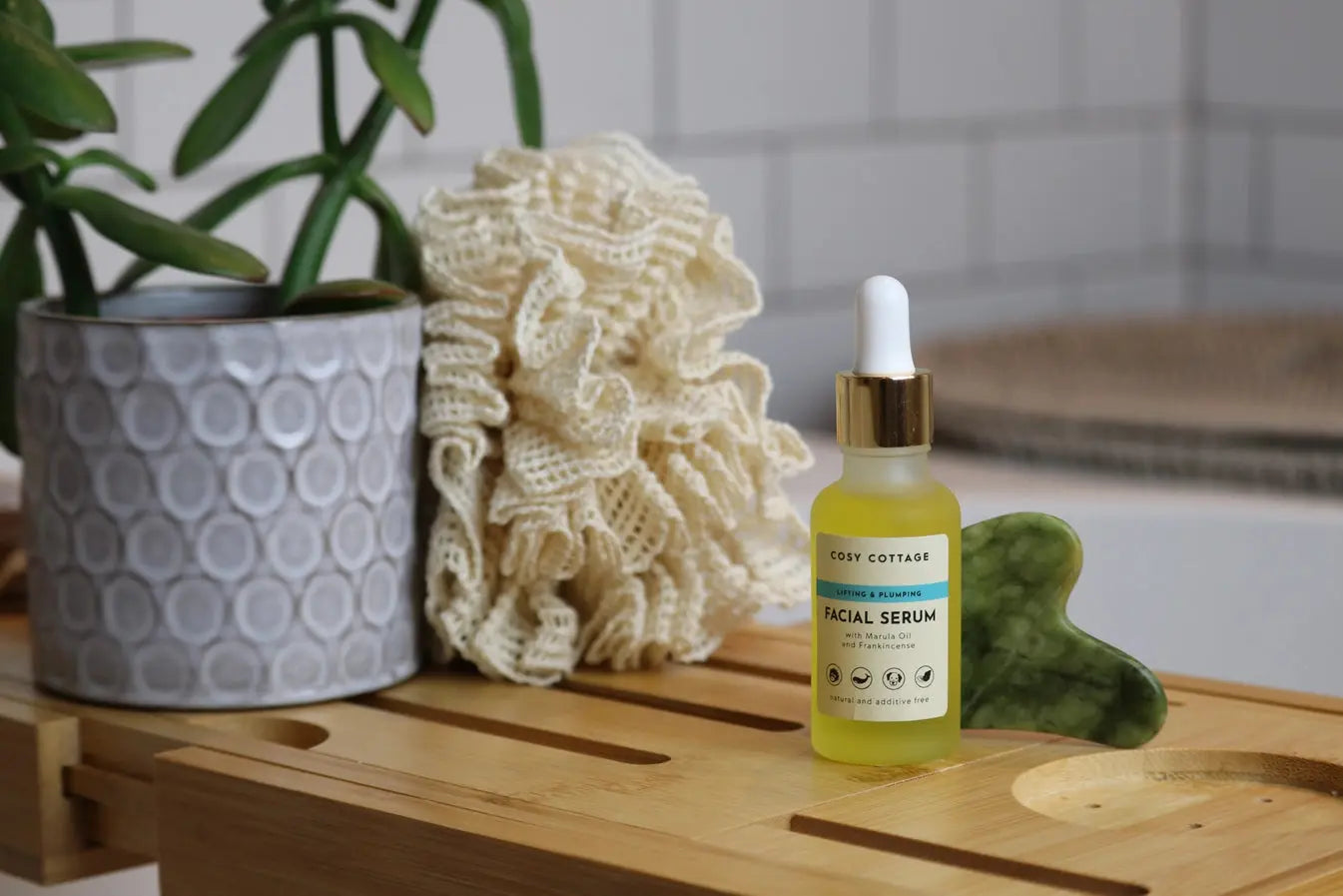 Cosy Cottage Soap Plumping Facial Serum 30ml, front, with gu sha