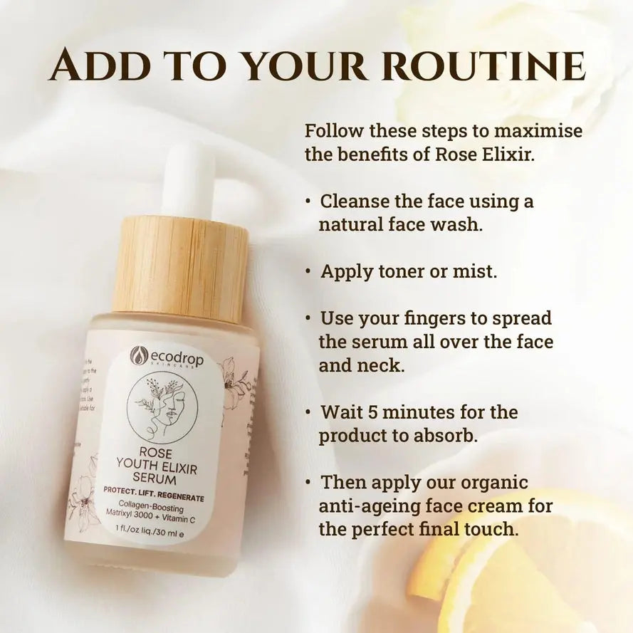 Rose Elixir serum bottle with usage instructions on a light background