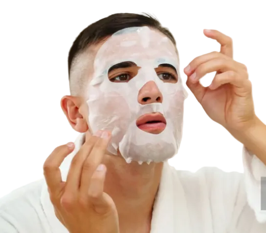 Person applying a white face mask on a white background
