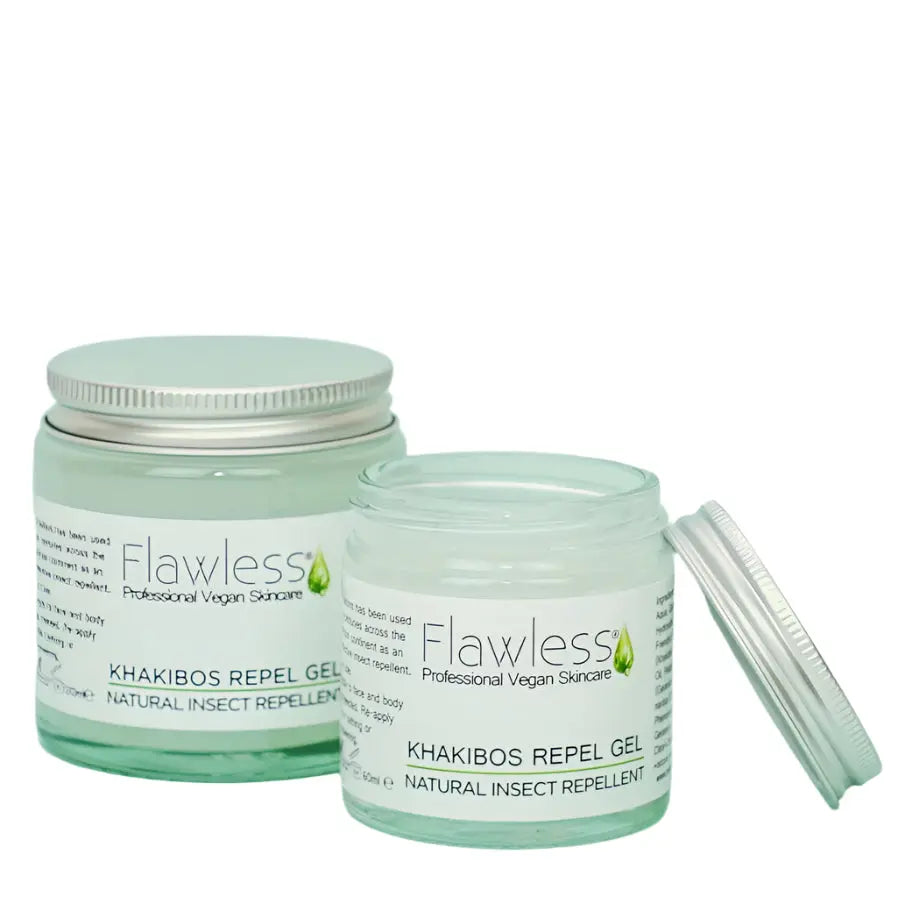 Jar of Flawless Khakibos Repel Gel on a white background, front, one big one small, small has the lid off.