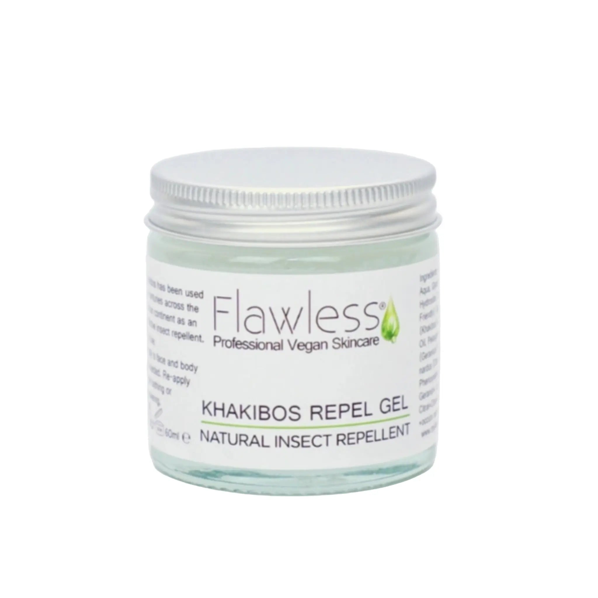 Jar of Flawless Khakibos Repel Gel on a white background, front