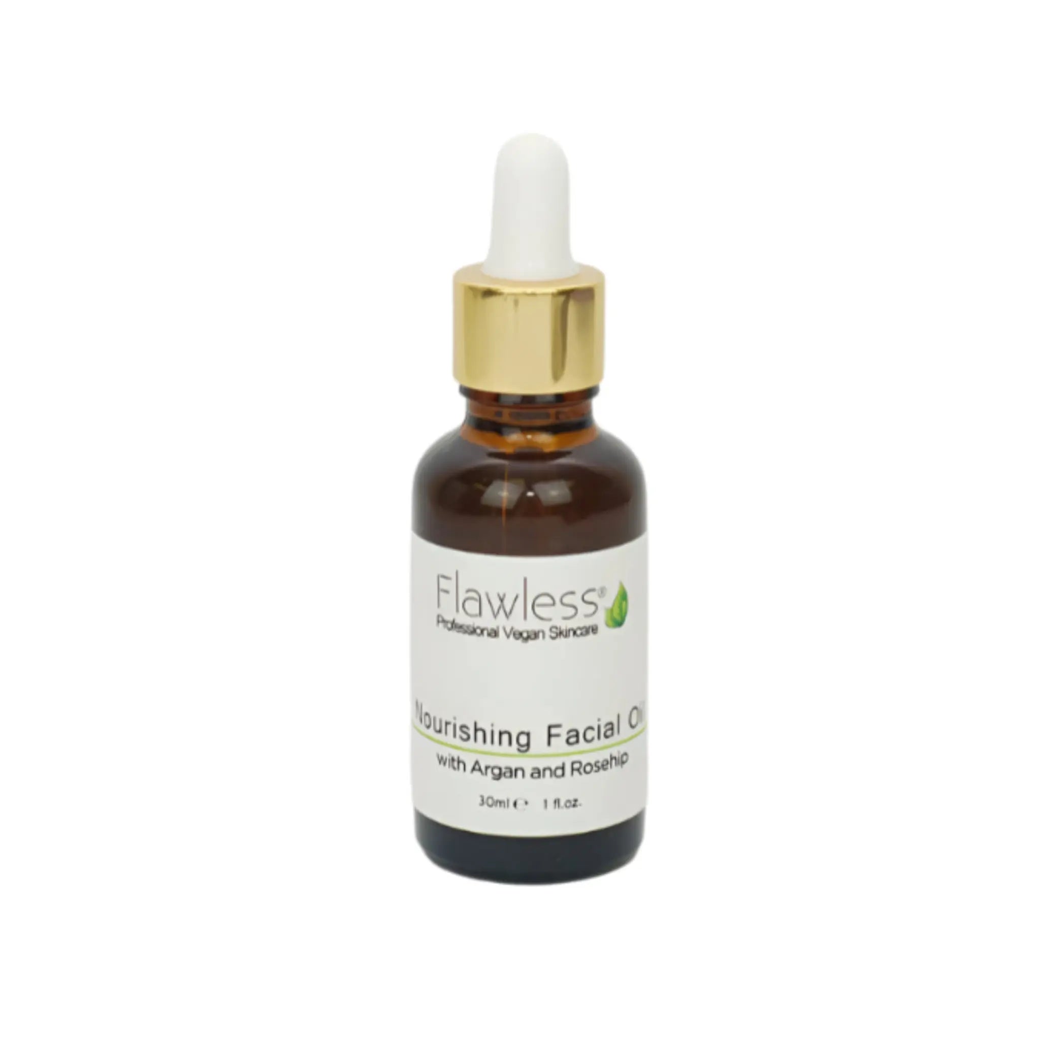 Bottle of Flawless nourishing facial oil with a dropper on a white background, brown bottle, lid on, front