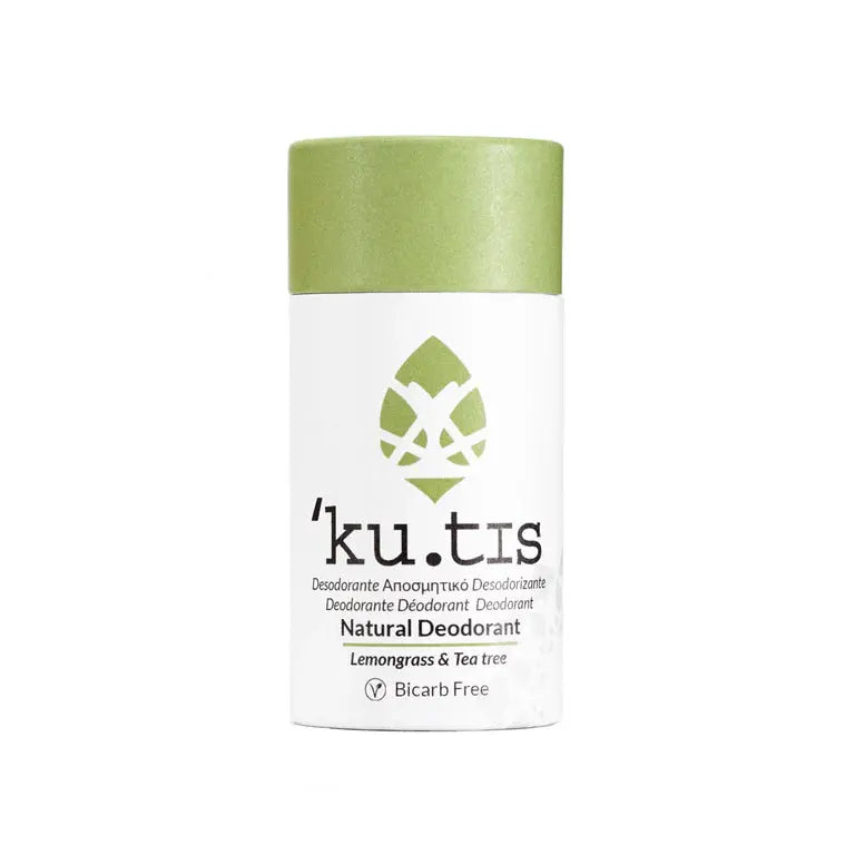 kutis Lemongrass & Teatree Bicarb Free Natural Deodorant on white background, front, with lid on