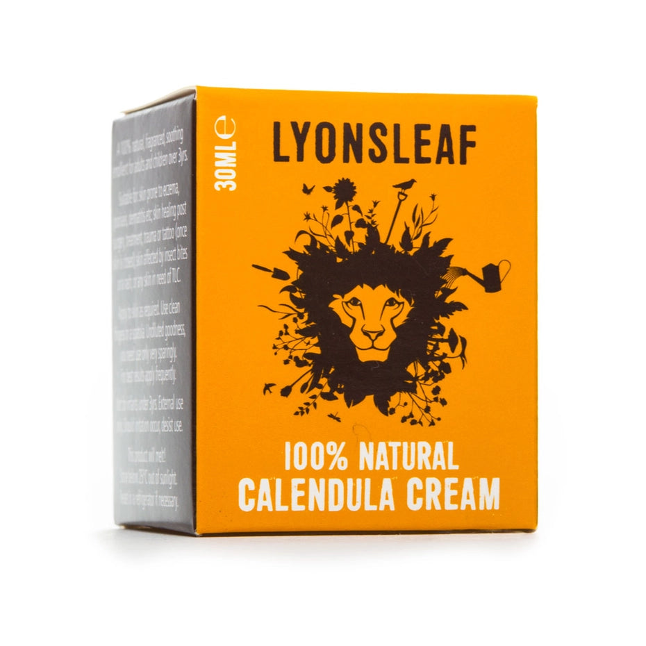 Orange box of Lyonsleaf 100% Natural Calendula Cream with a lion design on a white background