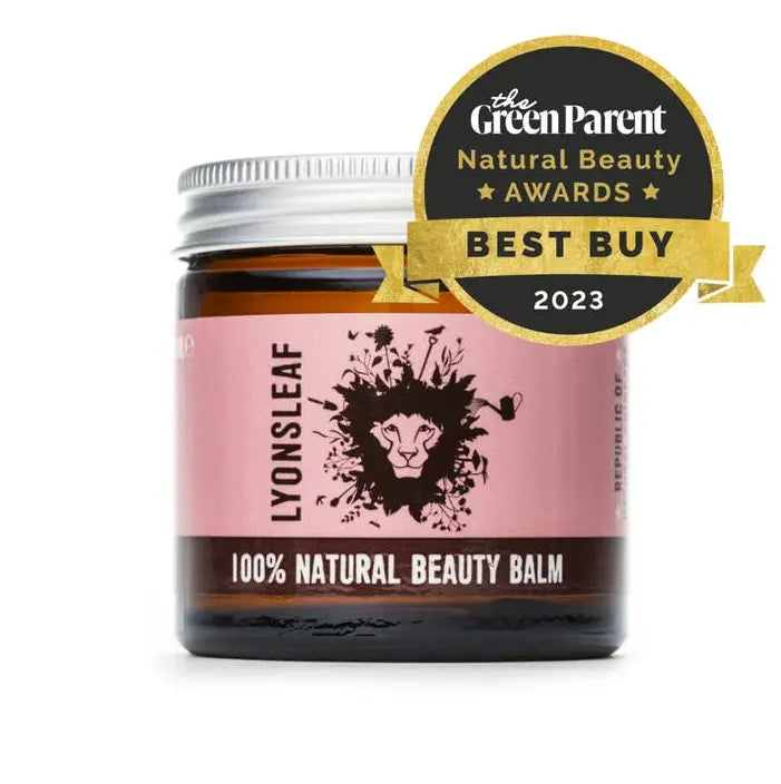 Jar of Lyonsleaf 100% Natural Beauty Balm with Green Parent Best Buy award on a white background