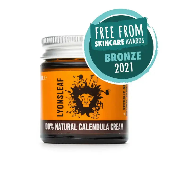 Jar of Lyonsleaf 100% Natural Calendula Cream with a bronze award badge on a white background
