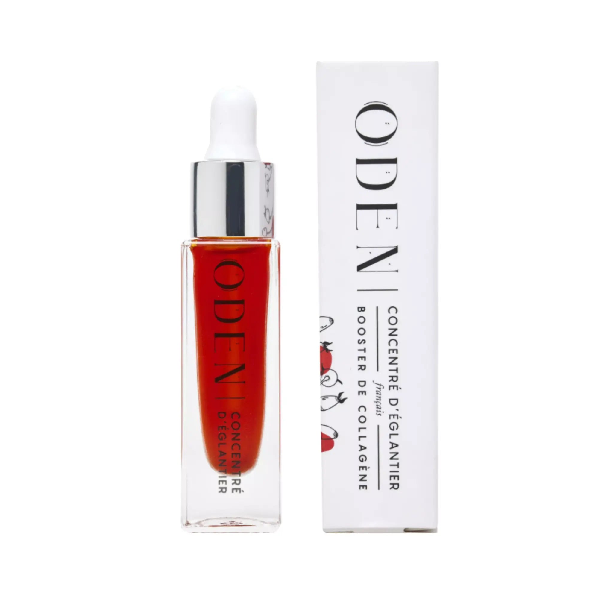 ODEN rosehip collagen anti-ageing oil, next to the box. White background, frontal.