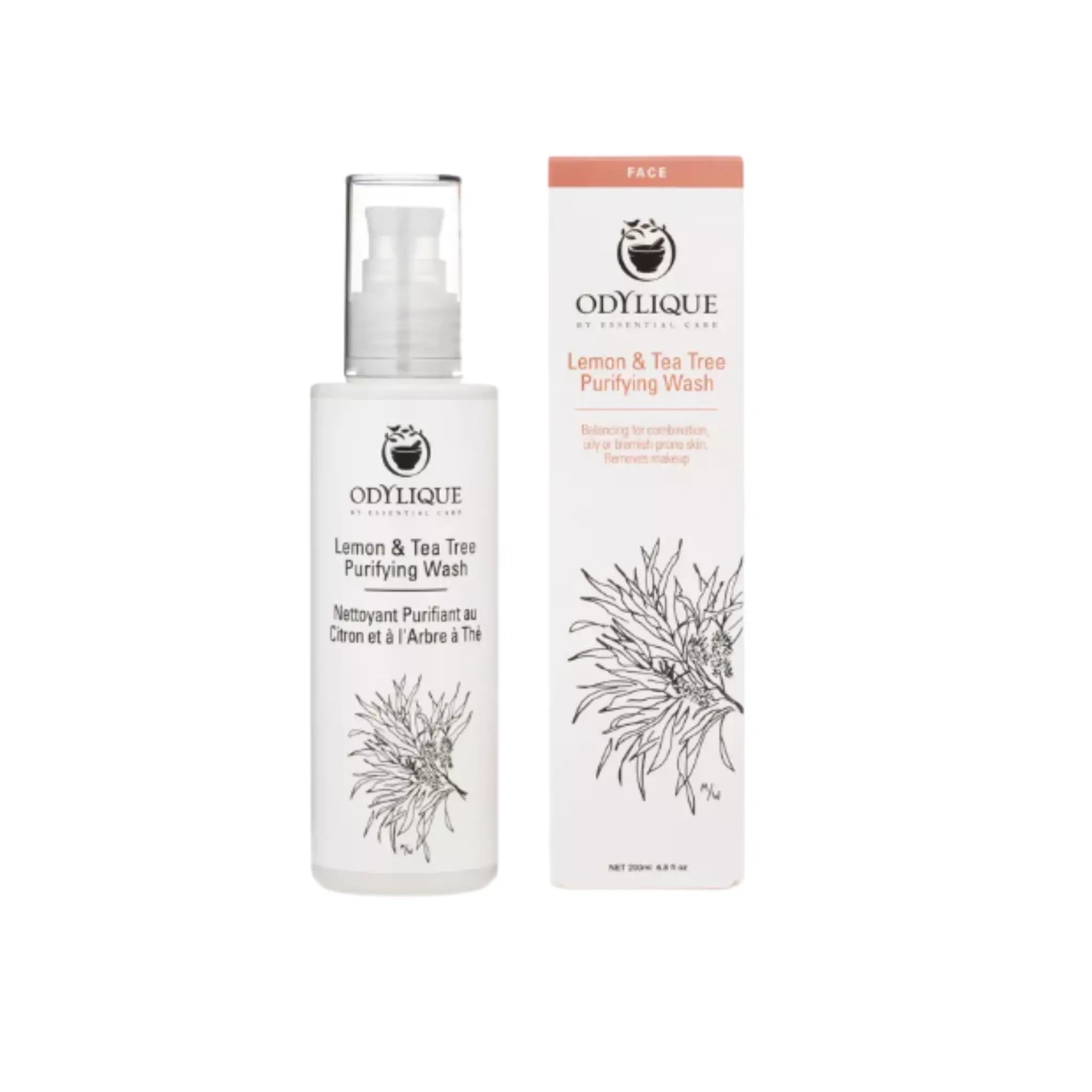 Odylique Lemon & Tea Tree Purifying Wash bottle and packaging on a white background