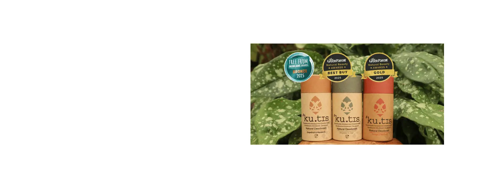 Kutis natural soap with free from award sticker and green lid. White background.
