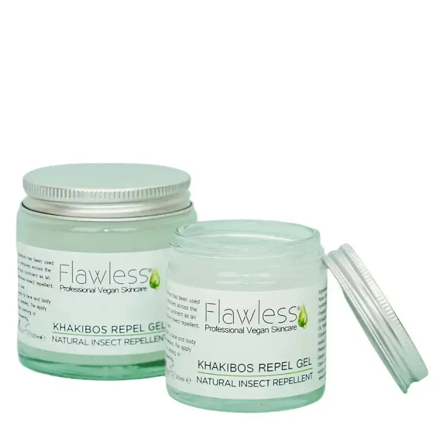 Two jars of flawless vegan insect repellent one is open. On white background.