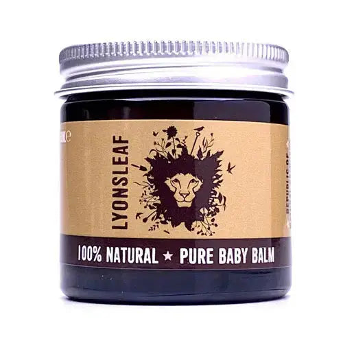 Jar of lyonsleaf pure baby balm on white background.