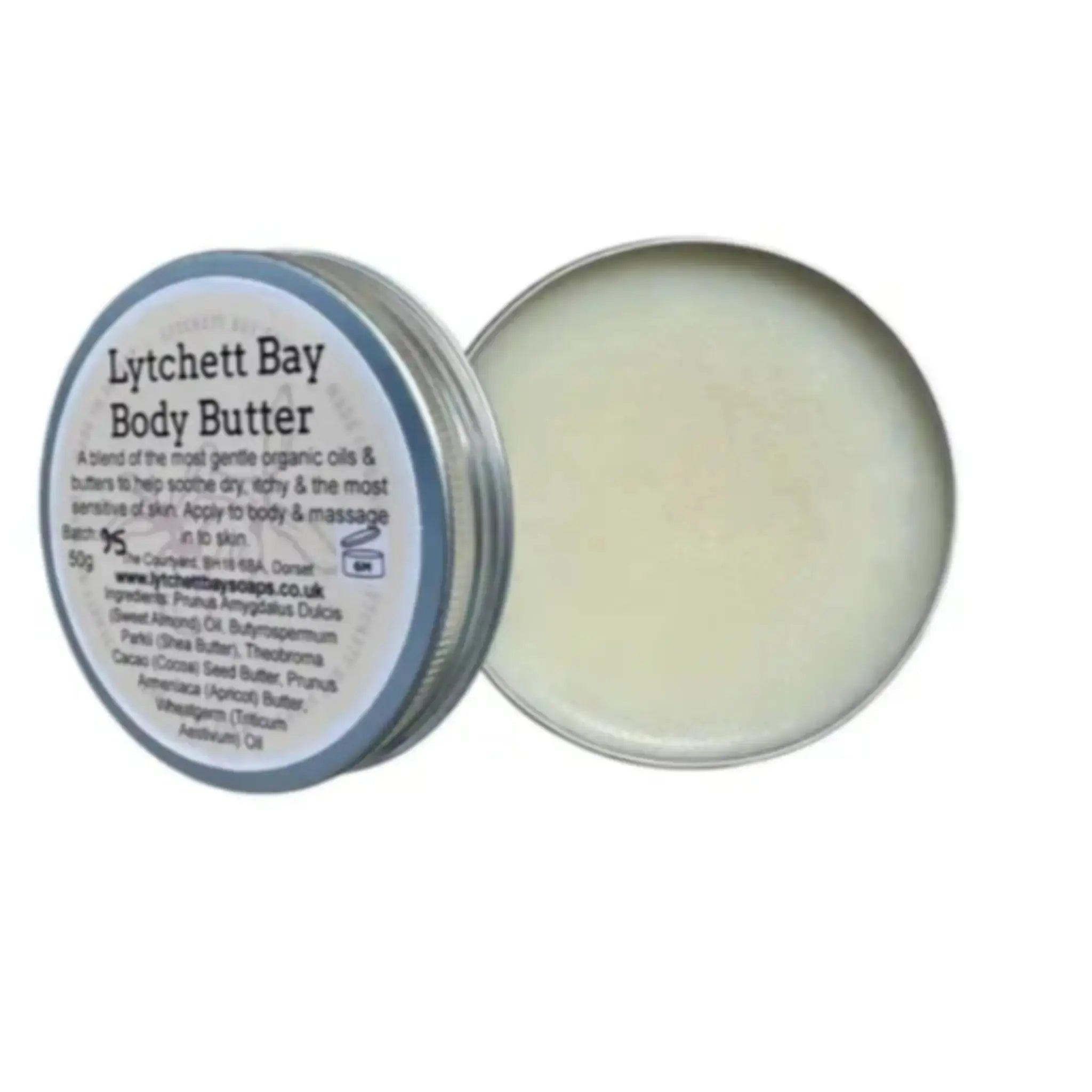 Tin of Lytchett Bay body butter. Open on white background.