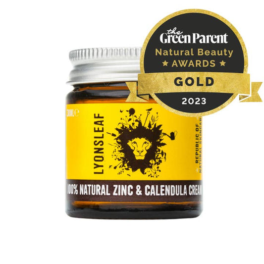 Jar of Lyonsleaf zinc and calendula cream with a Green Parent Natural Beauty Awards gold badge on a white background