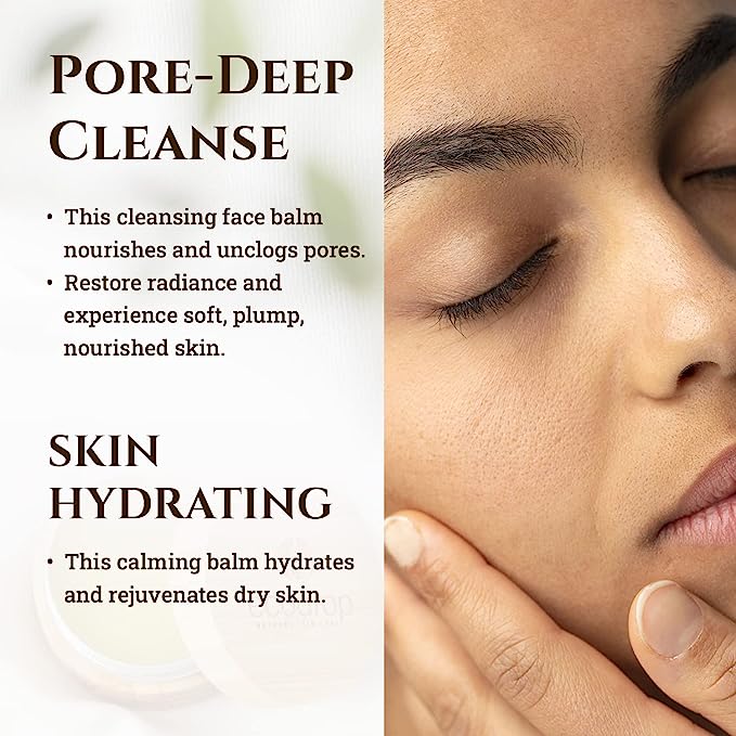 Advertisement for a ecodrop skincare product with text about pore-deep cleanse and skin hydrating benefits, featuring a close-up of a woman's face.