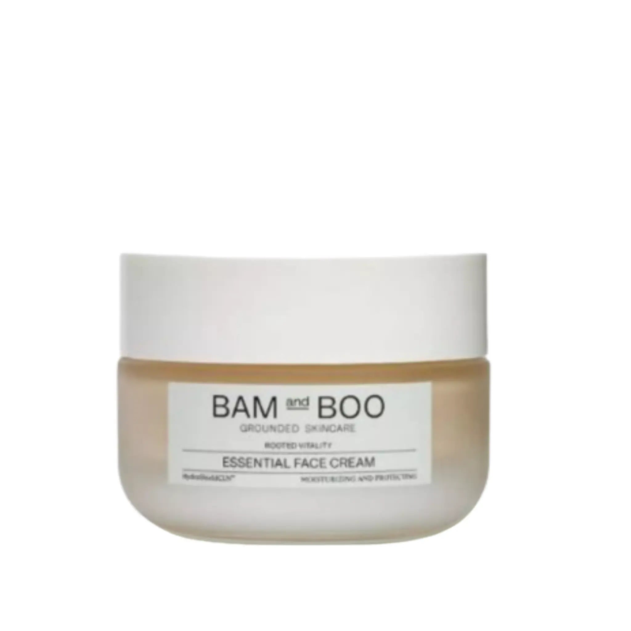 Jar of Bam and Boo essential face cream on a white background