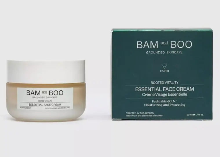 BAM and BOO Rooted Vitality Essential Face Cream jar and packaging on a white background