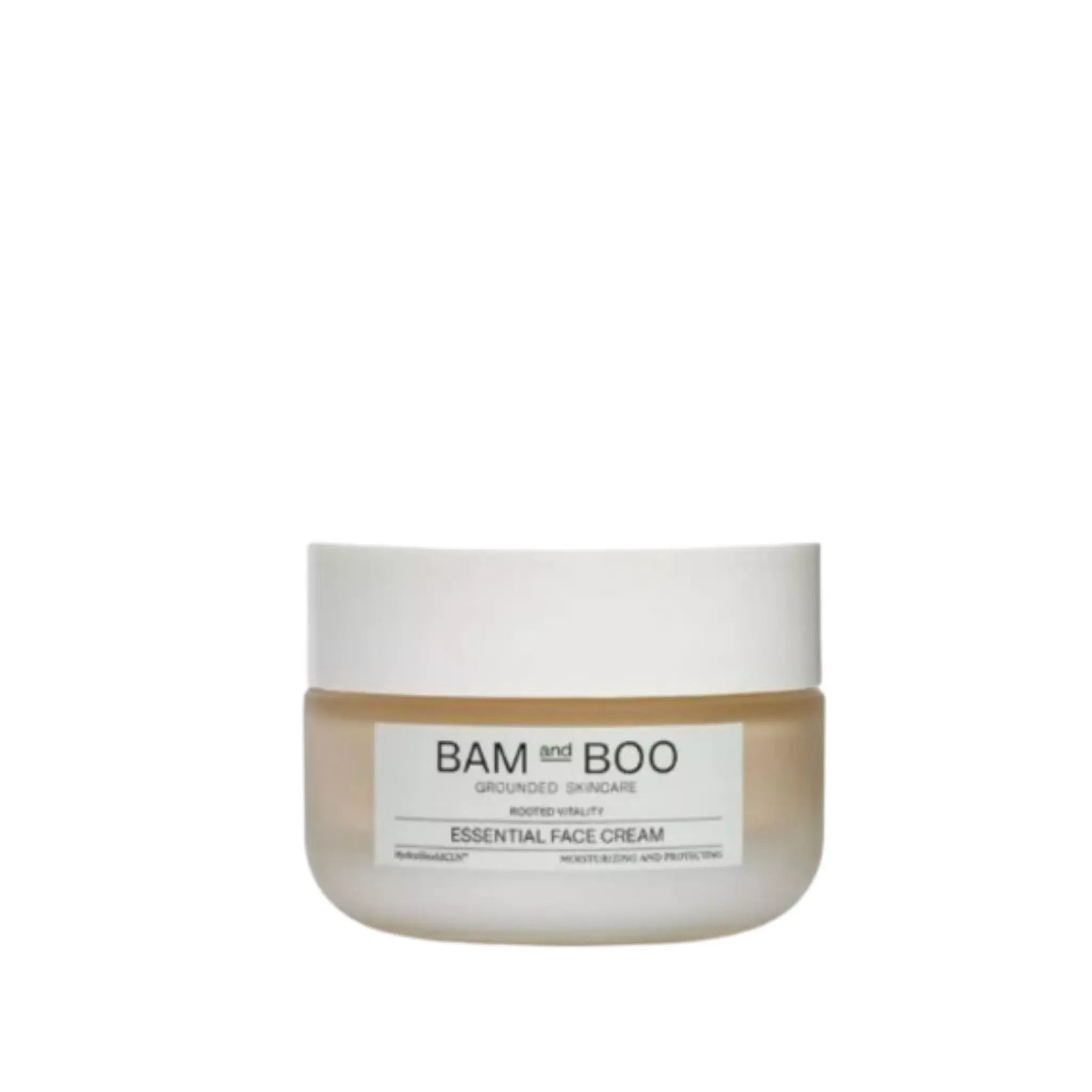 Jar of Bam and Boo essential face cream on a white background
