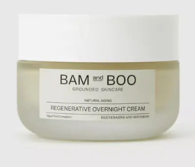 Jar of regenerative overnight cream with 'BAM and BOO' branding on a white background