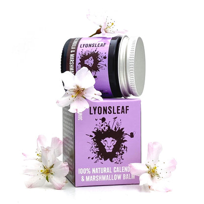 LYONSLEAF balm container and packaging with flowers on a white background