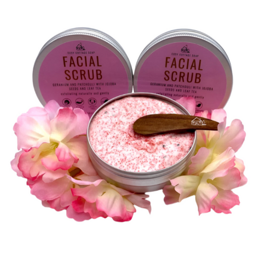 Cosy Cottage Soap Jojoba and Geranium Exfoliating Facial Scrub, front