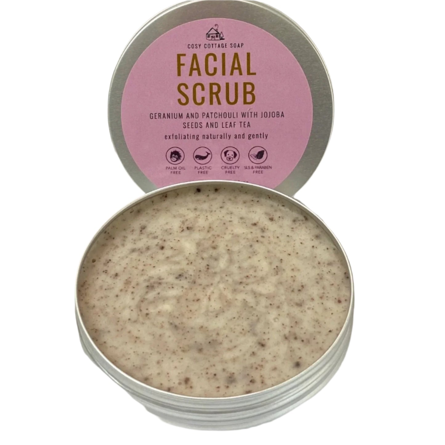 Cosy Cottage Soap Jojoba and Geranium Exfoliating Facial Scrub, open, texture