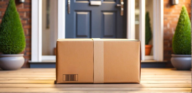 Two cardboard boxes on a wooden porch with a door in the background