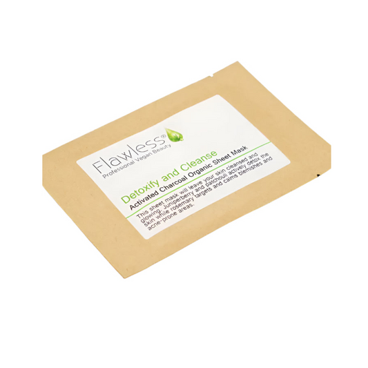 Detoxify and Organic sheet mask packaging with 'Flawless' branding on a white background