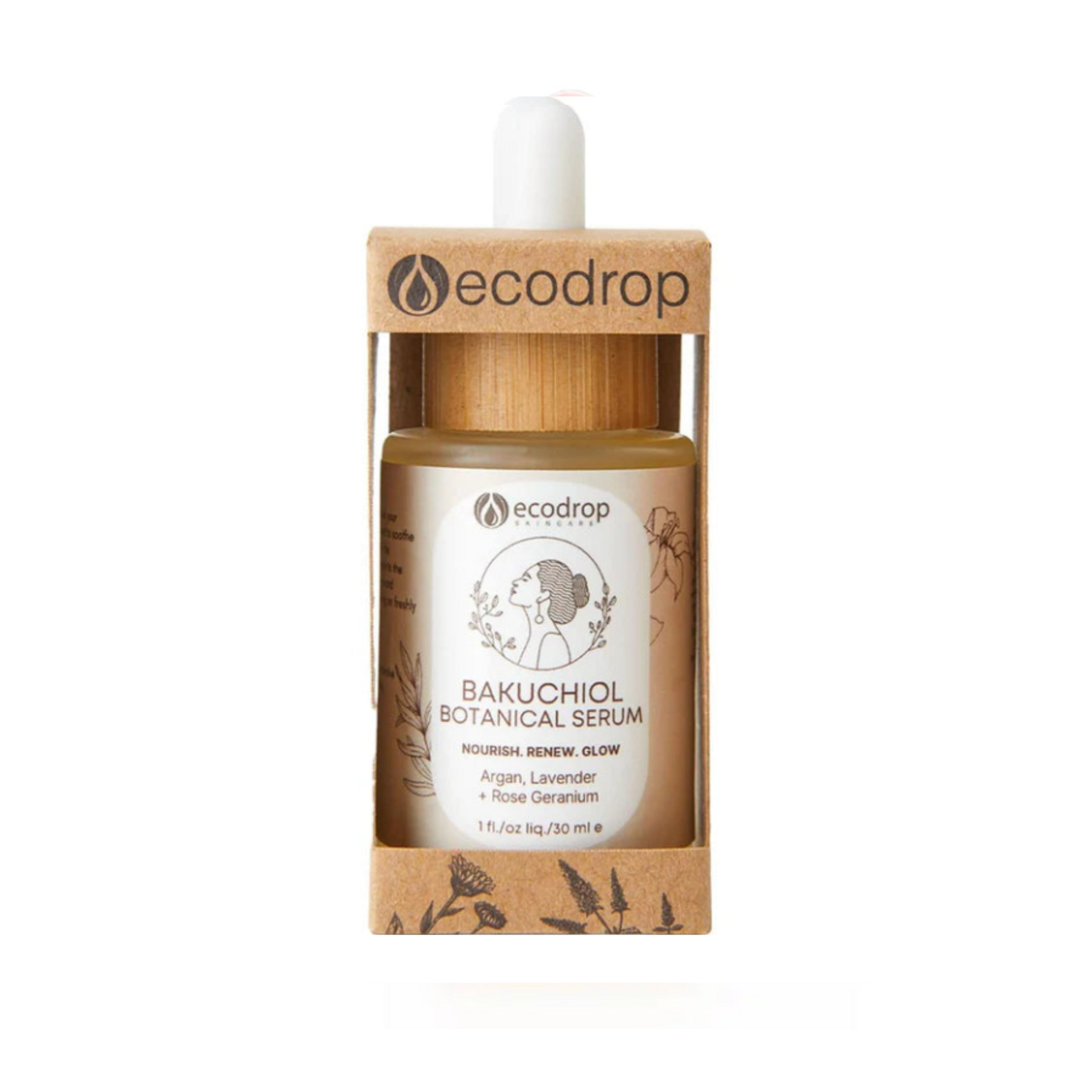 Ecodrop Bakuchiol Botanical Serum packaging on a white background, front