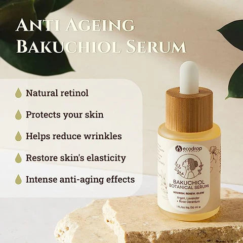 Anti-aging Bakuchiol serum bottle with dropper and list of benefits on a natural background