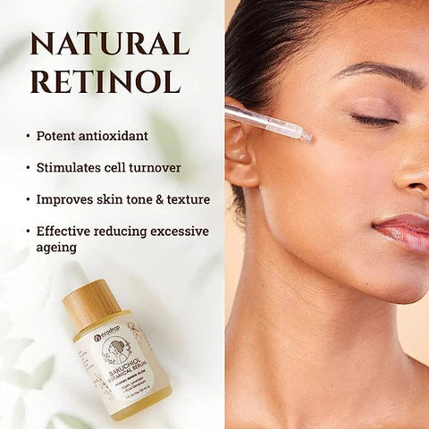 Skincare product with natural retinol benefits and a woman applying it to her face.