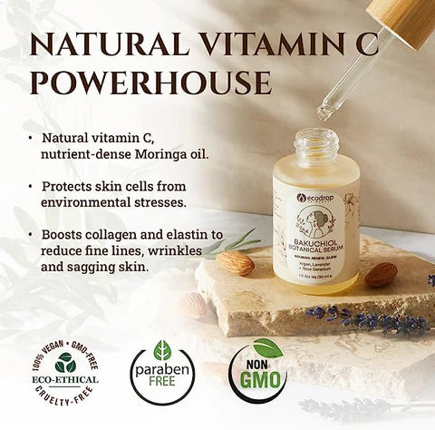 Skincare serum bottle with dropper on a wooden block, surrounded by natural elements, with product benefits and certifications displayed.