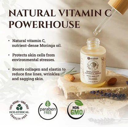 Skincare serum bottle with dropper on a wooden block, surrounded by natural elements, with product benefits and certifications displayed.