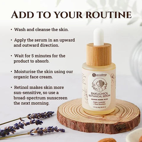 Bakuchiol botanical serum bottle with usage instructions on a wooden platform with lavender flowers.