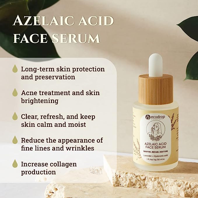 Azelaic acid face serum bottle with text highlighting its benefits on a natural background