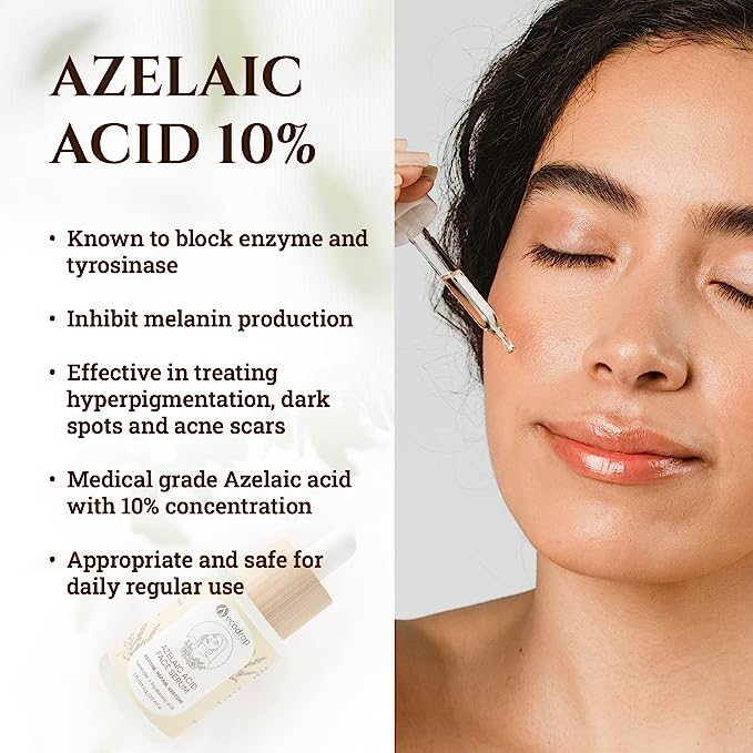 Skincare product with azelaic acid 10% with list of benefits and a woman applying it to her face.