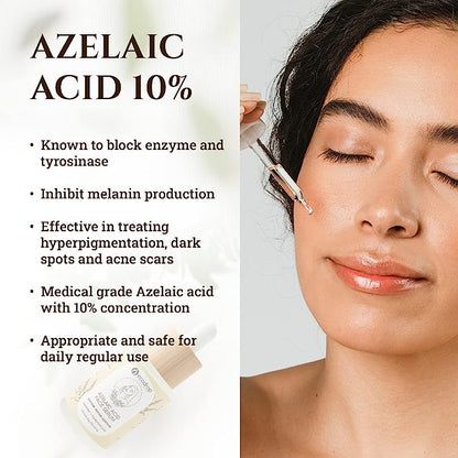 Skincare product with azelaic acid 10% with list of benefits and a woman applying it to her face.