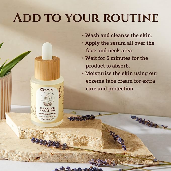 Azelaic acid face serum with usage instructions on a wooden board with lavender flowers.