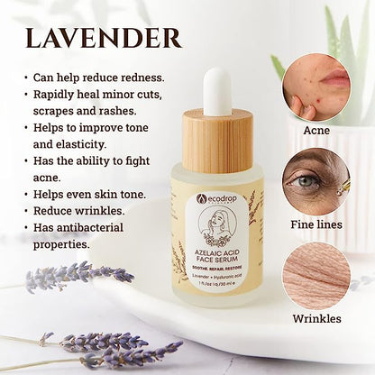 Facial serum bottle with lavender and text about its skin benefits on a light background