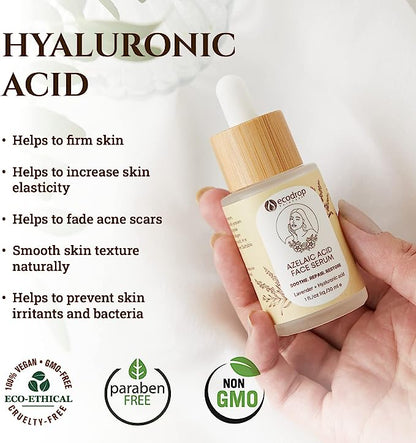 Hand holding a bottle of azelaic acid face serum with text about its benefits and certifications.