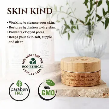 Bamboo container of cleansing face balm with eco-friendly certification logos on a light background.