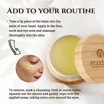 Ecodrop Balm with wooden lid labeled 'ecod' on a white background with application instructions.