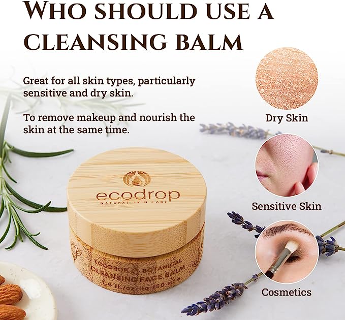 Ecodrop cleansing balm jar with product usage information on a light background