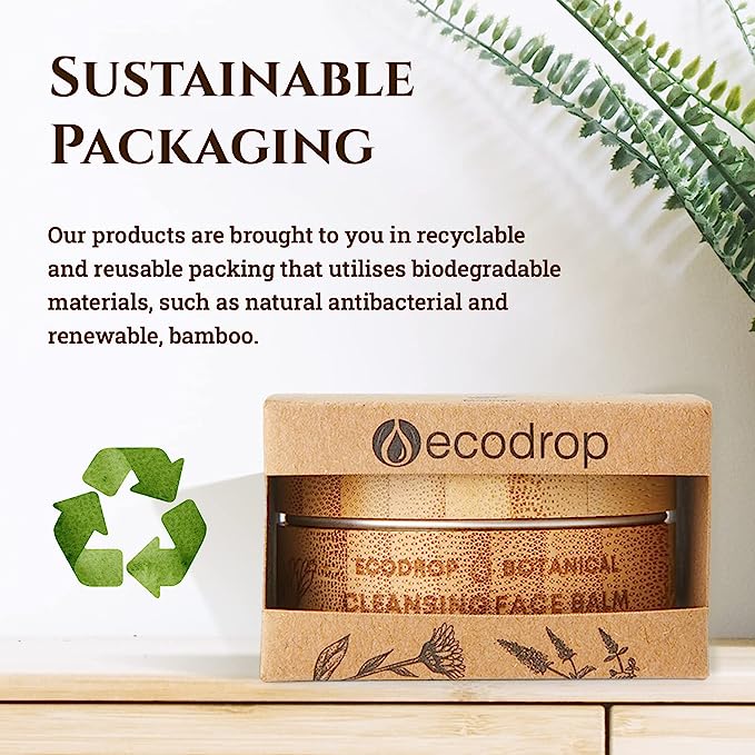 Ecodrop product packaging with sustainable text and recycling symbol on a light background