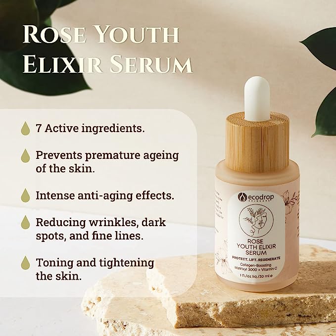 Rose Youth Elixir Serum bottle with dropper on a light background and list of benefits