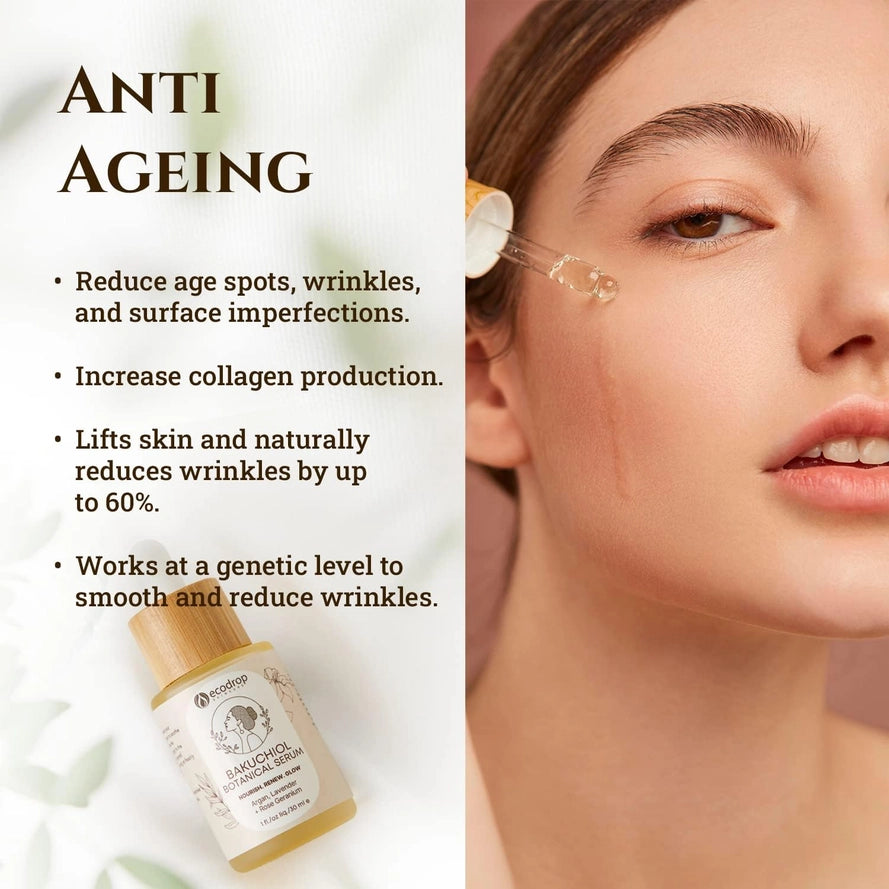 Cosmetic product with text on anti-aging benefits and a close-up of a woman's face.