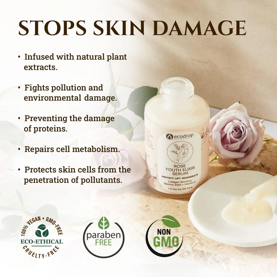 Skincare serum bottle with natural plant extract branding and product benefits listed.
